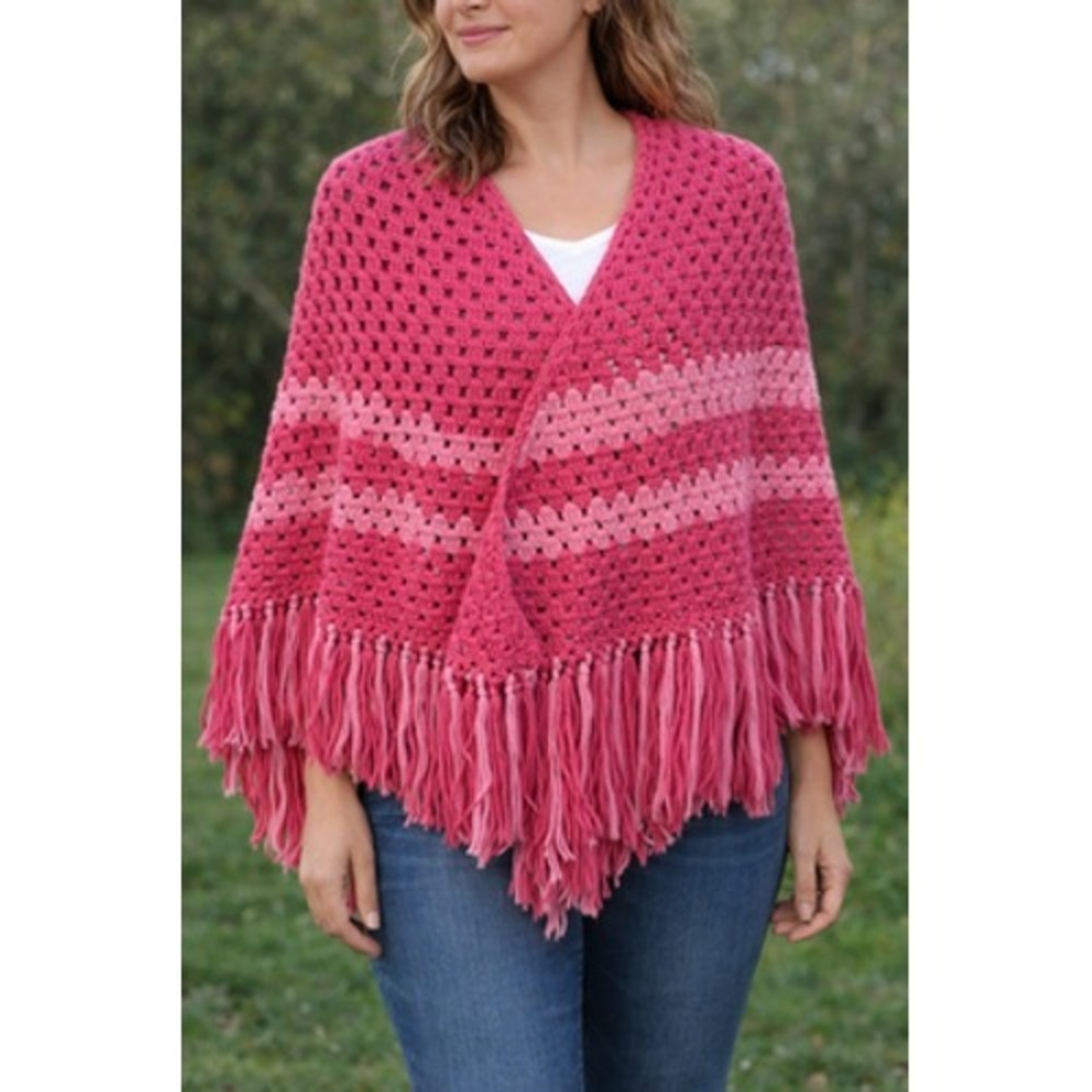 Crochet Shawl Wrap Womens One Size Pink‎ Striped Fringe Boho Handmade Poncho